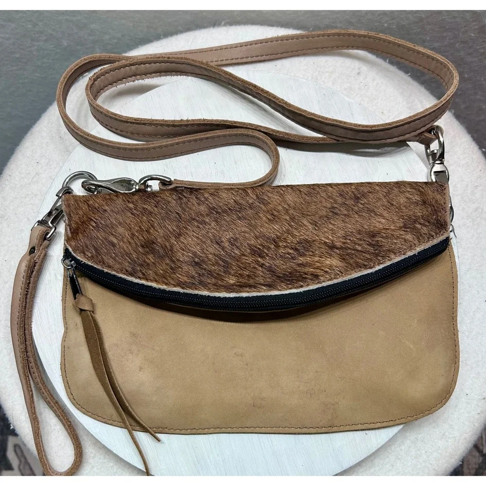 Tan Leather Cowhide Hair On Hide Foldover Crossbody Wristlet Bag